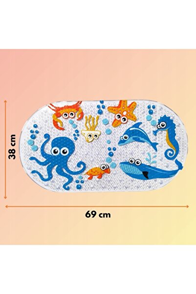 zola Non-slip bath mat, sea animal pattern, suction cup attachment, PVC, 69 x 39 cm, multicolor