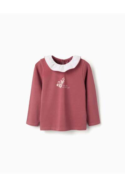 Ziddy Long sleeve T-shirt with print and ruffled collar for girls, dark pink