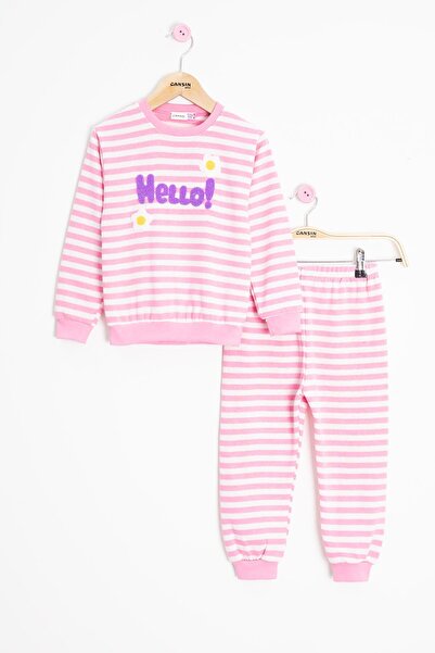 Cansın Mini Pink Daisy Embroidered Striped Girl's Suit 23350