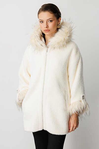 Ekol Long Plush Coat with Fur Detail