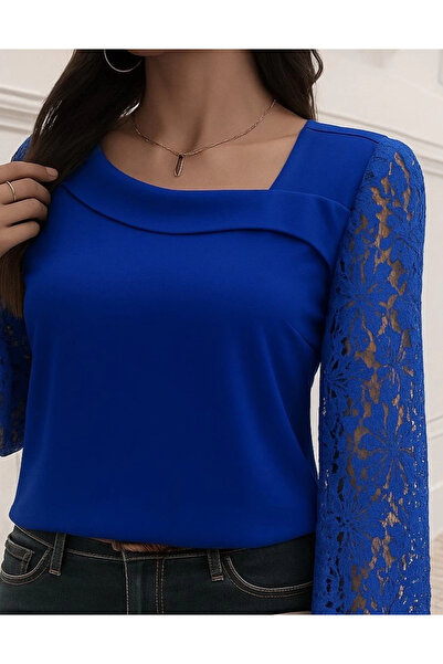 Butik Women's Long Sleeve Asymmetrical Collar Lace Imported Crepe Blouse