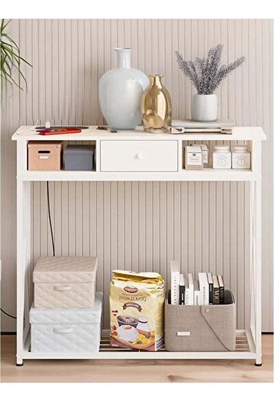 Luxury Home Entry Console Table with Cabinet, 100×30×90 cm, White, with Charging Base