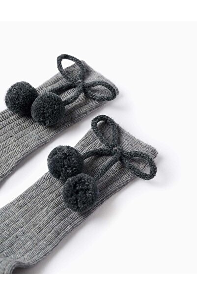 Ziddy High Socks with Pompons for Girls, Grey