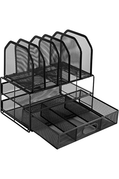 Amazon basics Mesh Desk Organizer with Sliding Drawer, Double Tray and 5 Vertical Sections, Black