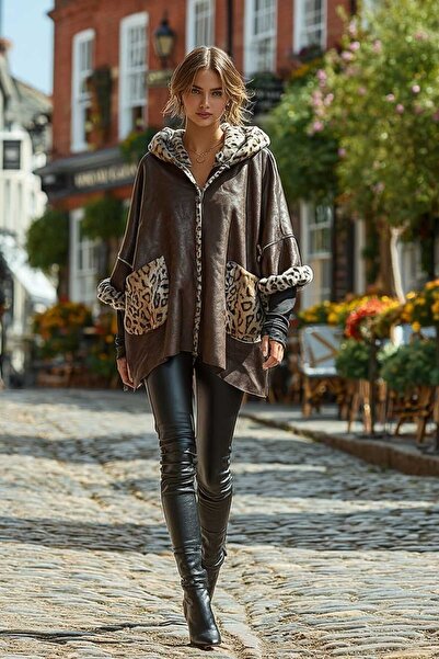 LAGRANZE εφέ δέρματος Γυναικείο παλτό από γούνα με λεοπάρ λεπτομέρειες