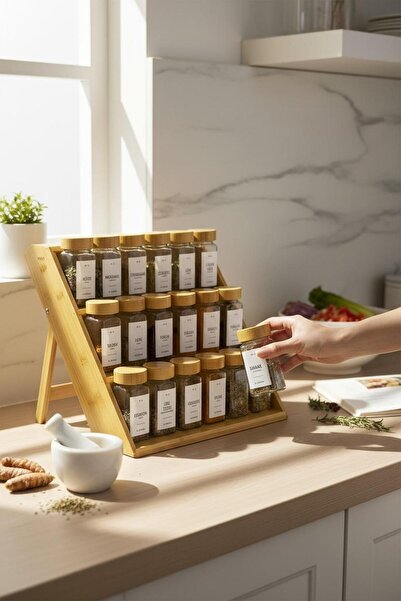 ANJEAHOME Lady 18-Piece 120 ml Bamboo Spice Rack Set and Folding 3-Tier Bamboo Stand | Countertop & Inside Drawer |