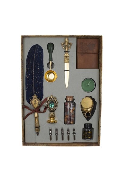 RoveZone Vintage Fountain Pen Set with Nib, Sealing Wax, Stamp, Spoon, Journal, Knife, 5 Nibs and Stand, Blue