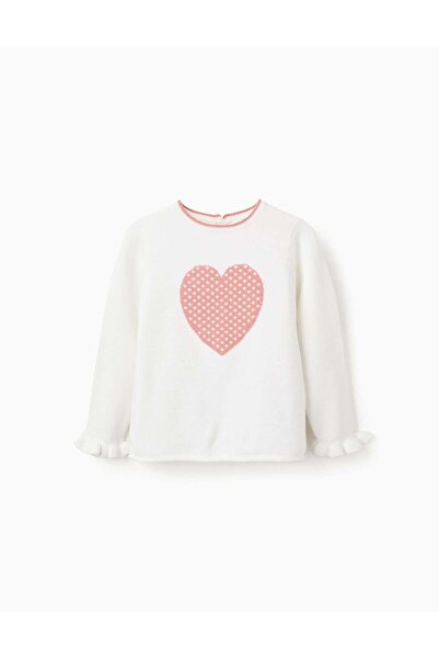 Ziddy Heart Jacquard Jumper with Ruffles for Girls, White