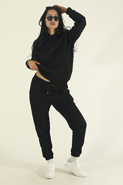 EydaMoon Women's Black Winter Cotton Puff Fabric Kangaroo Pocket Hooded Jogger Tracksuit Set