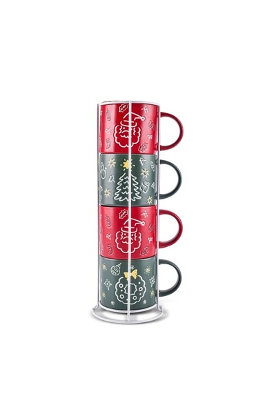 Karaca New Year Angel 4-Person Mug Set with Stand 540 ml
