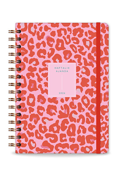 PAPERORA 2026 A5 Spiralli Renkli Haftalık Ajanda 12 Aylık – Motivasyon Sayfalı Kırmızı Leopar