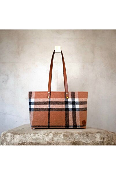 Shiw Design Taba Ekose Kareli Yün Kumaş El Çantası Omuz Çantası Kol Çantası