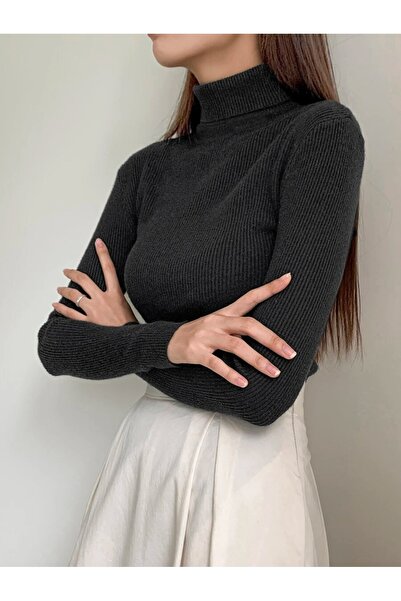 VASK Bluză pentru femei cu mânecă lungă, cu gât înalt material reiat basic