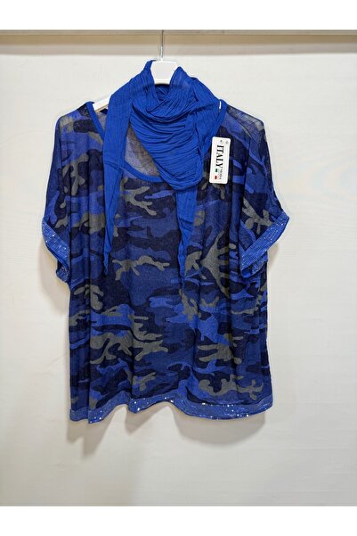 della moor Cobalt Blue Italian Camouflage Pattern with Scarf O Oversized Short Sleeve Blouse