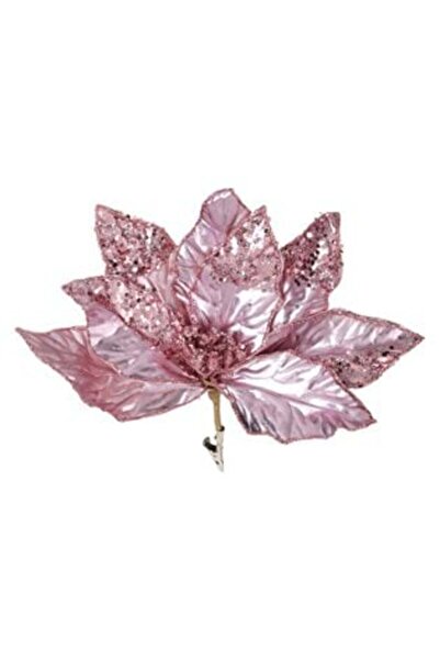 SHOPIENS Decorative Christmas Flower Metallic Pink with Glitter & Clips 26 cm