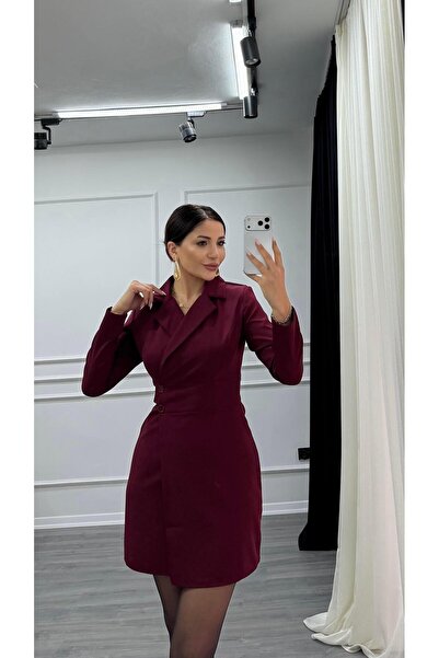 Daves Burgundy Button Detailed Short Length Woven Jacket Dress