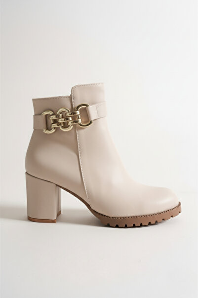 Brielfy Ardelle 9 cm Heeled Gold Chain Buckle Round Toe Faux Leather Winter Women's Boots