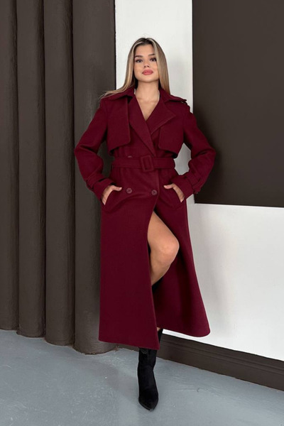 spirituel Women's Coat Long Cashmere Belted Buttoned Pocketed Double Breasted...
