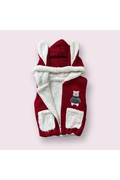 Minissa Red Bear Embroidered Rabbit Ear Plush Lined Winter Baby Vest Welsoft Velvet Fabric Warm