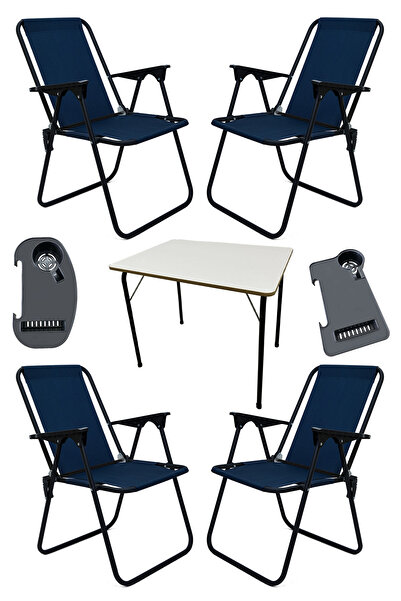 moniev Litea 4 Adet Kamp Sandalyesi Katlanır Piknik Sandalye ve Bardaklık Lacivert + Katlanır Mdf Masa