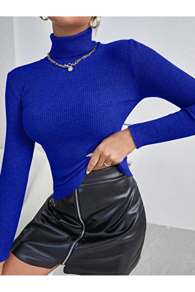 VASK Pulover de damă albastru cu mânecă lungă material reiat basic