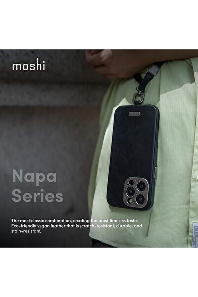 Moshi جراب جلدي صديق للبيئة من نابا لجهاز iPhone 15 Pro - متوافق مع MagSafe، إطار عدسة معدني، بني