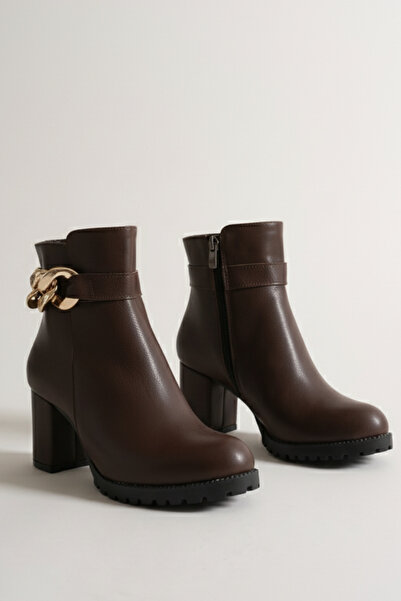 Brielfy Liora 9 cm Heeled Chain Buckle Oval Toe Faux Leather Zipper Winter Women's Boots