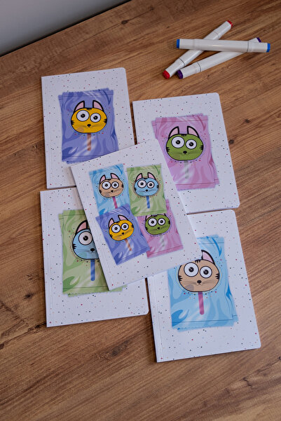 Dondurma Kediler 5'li Defter Seti - Çizgisiz - Her Biri 56 Sayfa - 14x20cm - İplik Dikişli Cilt