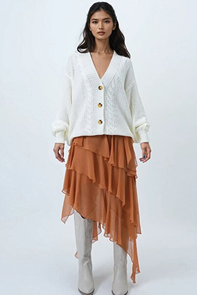 VAGGON V-Neck Hair Braid Patterned Balloon Sleeve Knitwear Cardigan