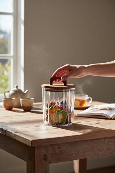 ANJEAHOME Lahti Zaire 1750 ml Glass Jar |   Acacia Wood Lid | Food & Grain Storage Container |   Natural Design