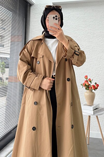 MELEK ARAZ Trenci premium pentru femei cu opt nasturi supradimensionat - Camel