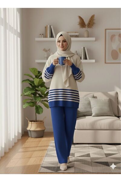 Şule Giyim Two-Color Transitional Knitwear Set Cobalt Blue