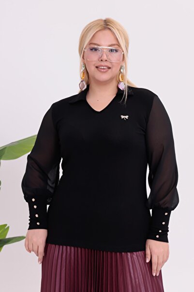Siyezen Plus Size Polo Neck Blouse with Gold Brooch Detail