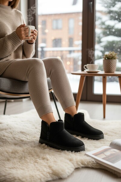 VeliKundura Darkstep Black Flexible Polysole Short Boots with Fur Inside