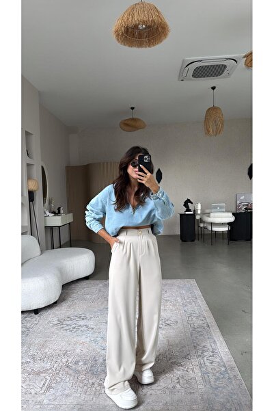 Buket Teke Beige Gold Buttoned Zr Model Fabric Trousers