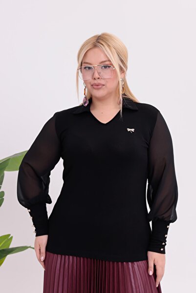 Siyezen Plus Size Polo Neck Blouse with Gold Brooch Detail