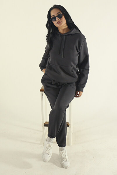 EydaMoon Women's Smoked Winter Cotton Puff Fabric Kangaroo Pocket Hooded Jogger Tracksuit Set