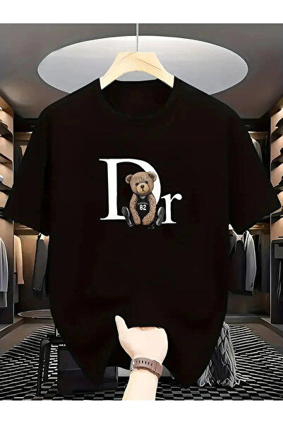 İnazuma Outdoors تي شيرت أسود بأكمام قصيرة ورقبة دائرية من القطن المطبوع مقاس كبير للجنسين D!or