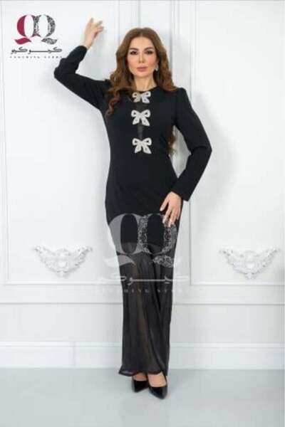 Aljouri Elegant black dress with bejeweled bows design and sheer detail
