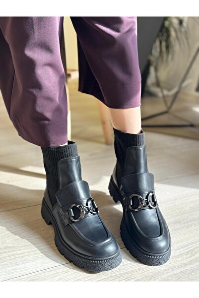 BABLACK Ön Kısmı Toka Detaylı Streç %100 Hakiki Deri Bot Siyah