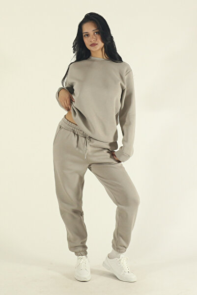 EydaMoon Set de trening Jogger din bumbac Stone Winter pentru femei, cu guler...