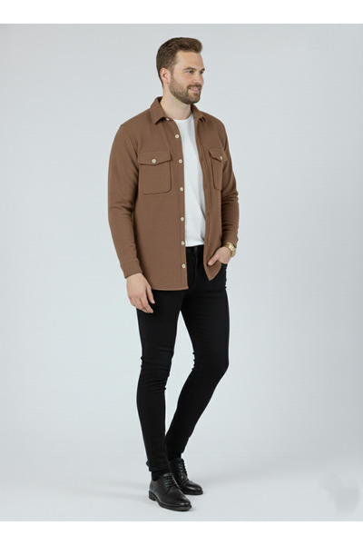 YXC Trend Maker Men's Slim Fit Button-Down Collar Double Pocket Solid Black Fleece Men's Shirt