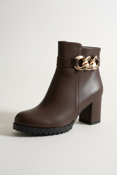 Brielfy Liora 9 cm Heeled Chain Buckle Oval Toe Faux Leather Zipper Winter Women's Boots