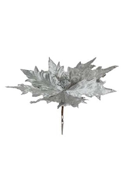 SHOPIENS Silver Velvety Embossed Poinsettia Christmas Decorative Flower with Glitter & Clips 30 cm
