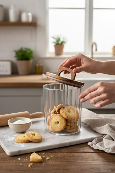 ANJEAHOME Lahti Zaire 1750 ml Glass Jar |   Acacia Wood Lid | Food & Grain Storage Container |   Natural Design