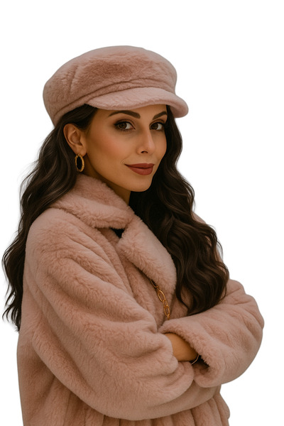 Hayalet قبعة نسائية من القطيفة موديل كابتن باللون الوردي - قبعة شتوية ذات ملم...