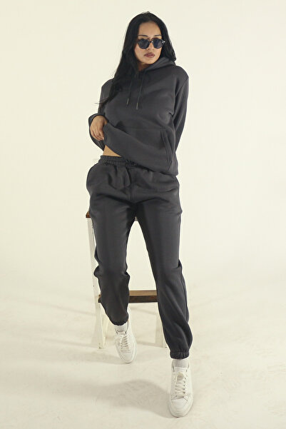 EydaMoon Women's Smoked Winter Cotton Puff Fabric Kangaroo Pocket Hooded Jogger Tracksuit Set