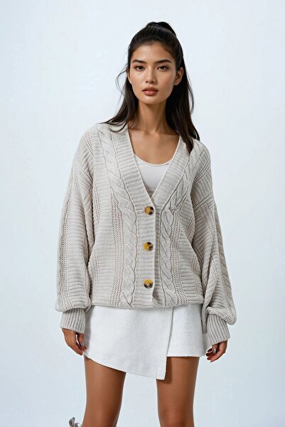 VAGGON V-Neck Hair Braid Patterned Balloon Sleeve Knitwear Cardigan