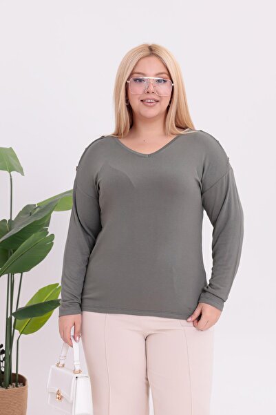 Siyezen Plus Size Blouse with Gold Button Detail on the Shoulders