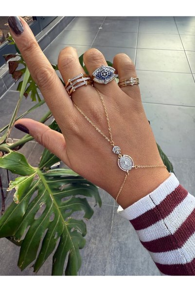 My Joyas Design 14K Altın Kaplama Fuşya Taş Çevrili Göz Şahmeran